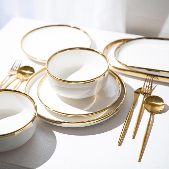 Dinner Set * White + Gold Rim + Cutlery * 25 Piece