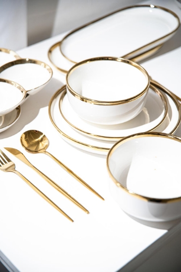 Dinner Set * White + Gold Rim + Cutlery * 25 Piece